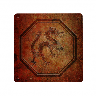Distressed Chinese Dragon In Octagon Art Print on Metal